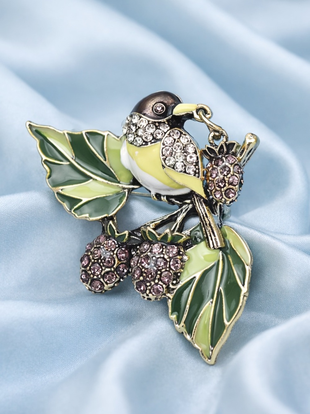 Green Bird Berry Crystal Brooch